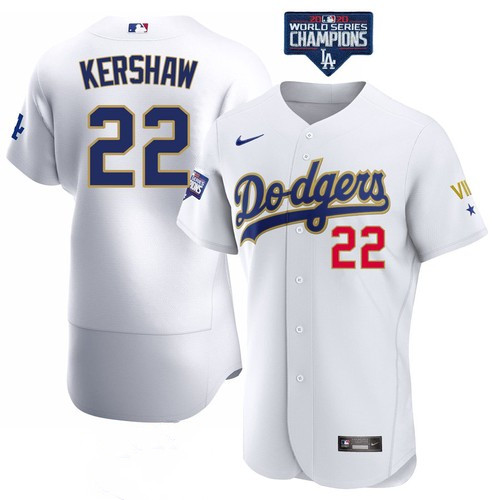 Men's Los Angeles Dodgers #22 Clayton Kershaw White Gold MLB Championship Flex Base Sttiched Jersey